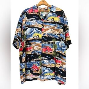 Vintage Paradise Found Hawaiian shirt with Volkswagens, surfer, etc. Size XL